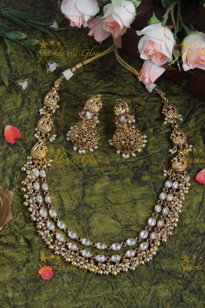 Beautiful Pearl Cluster Statement Lakshmi Necklace with Pink beads - Sparkle and Glow