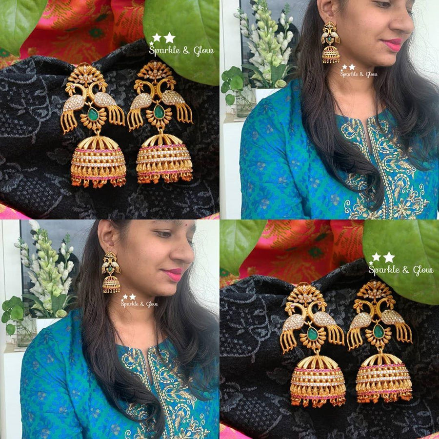 CZ stones two sided peacock jhumukas - Sparkle and Glow