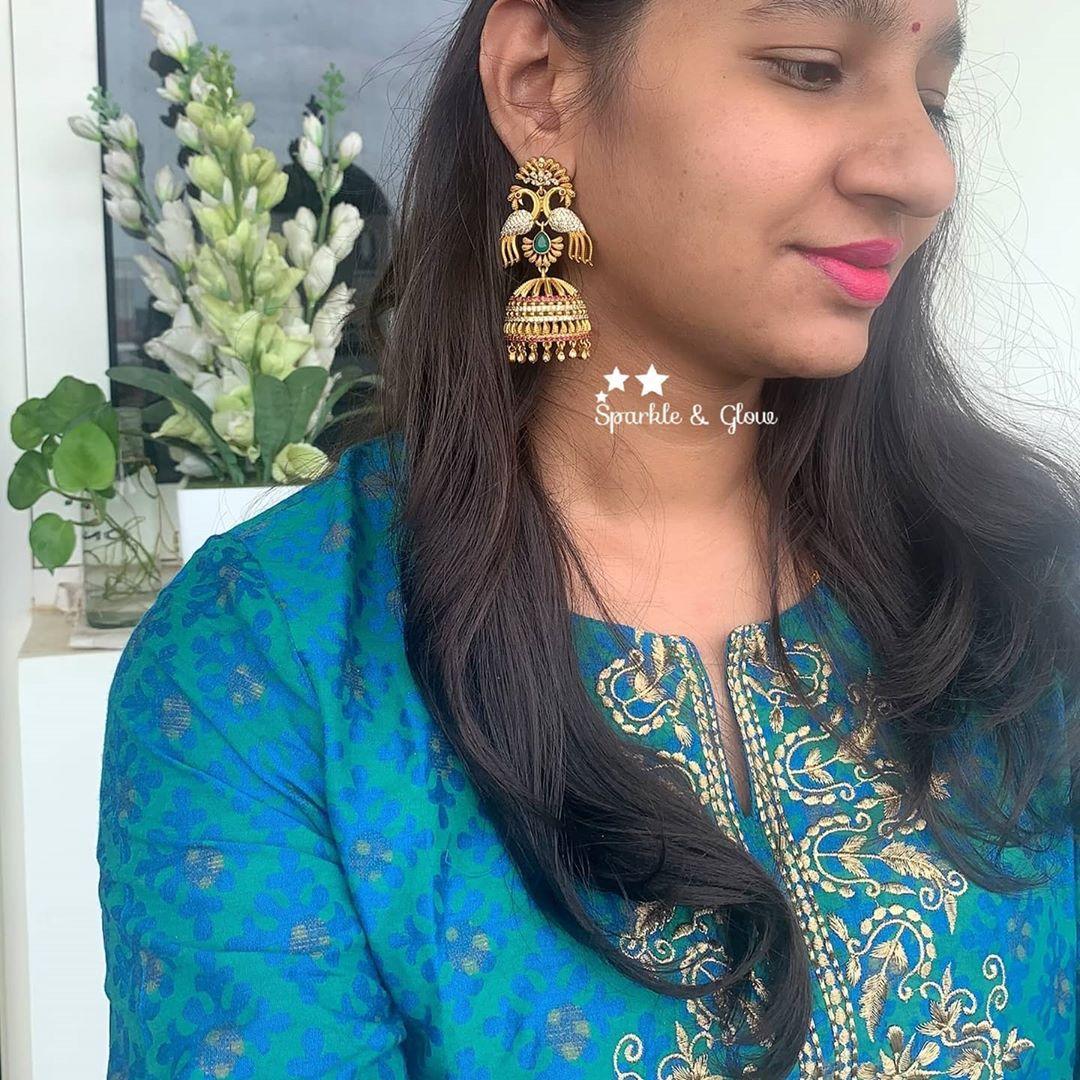 CZ stones two sided peacock jhumukas - Sparkle and Glow