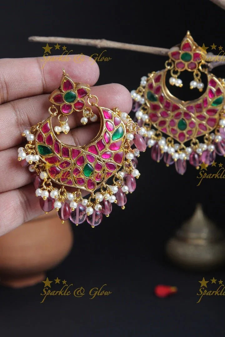 Beautiful Floral Studded Chandbalis - Sparkle and Glow