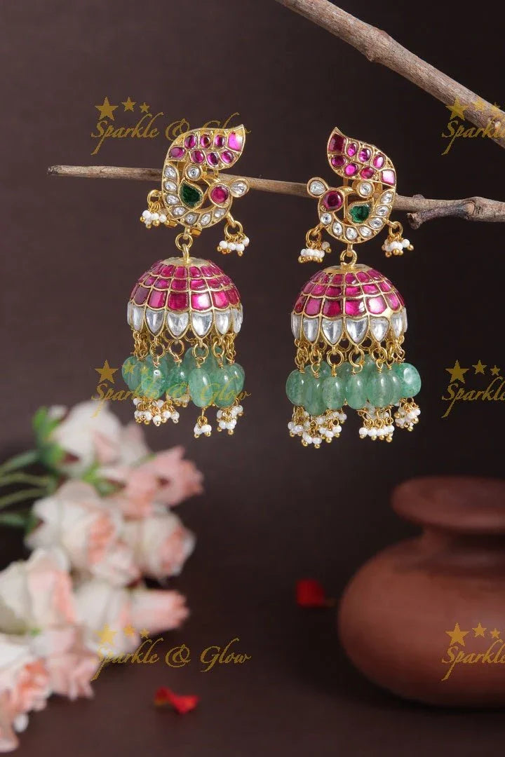 Exclusive Kemp stone Peacock Studded Jhumkas with Green beads - Sparkle and Glow