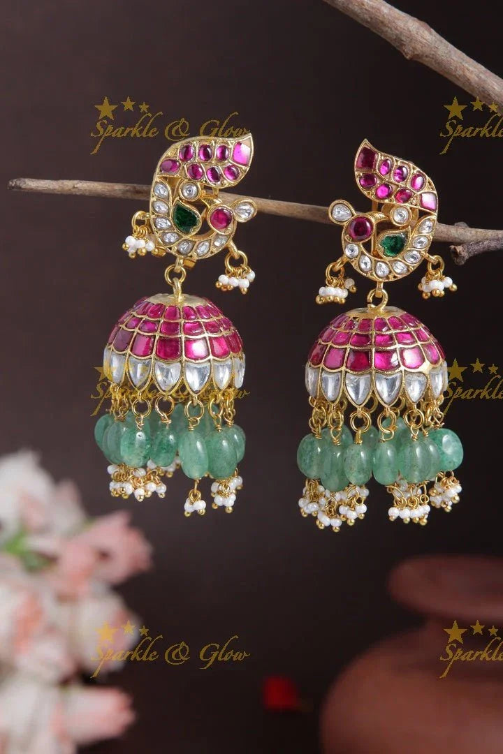 Exclusive Kemp stone Peacock Studded Jhumkas with Green beads - Sparkle and Glow