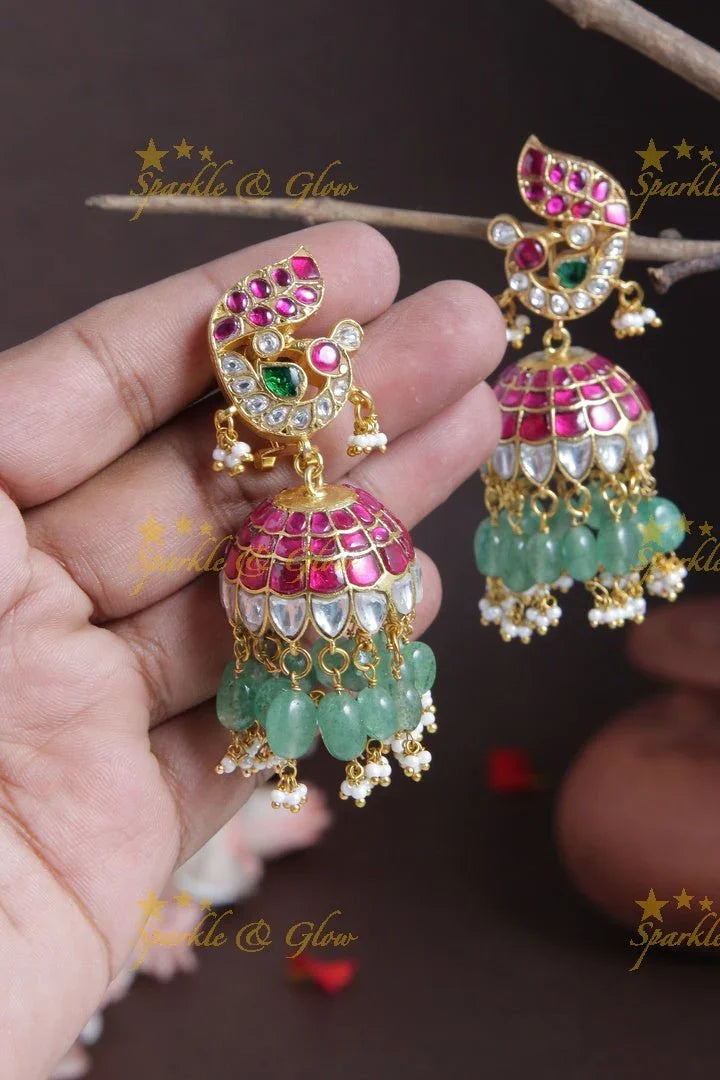 Exclusive Kemp stone Peacock Studded Jhumkas with Green beads - Sparkle and Glow