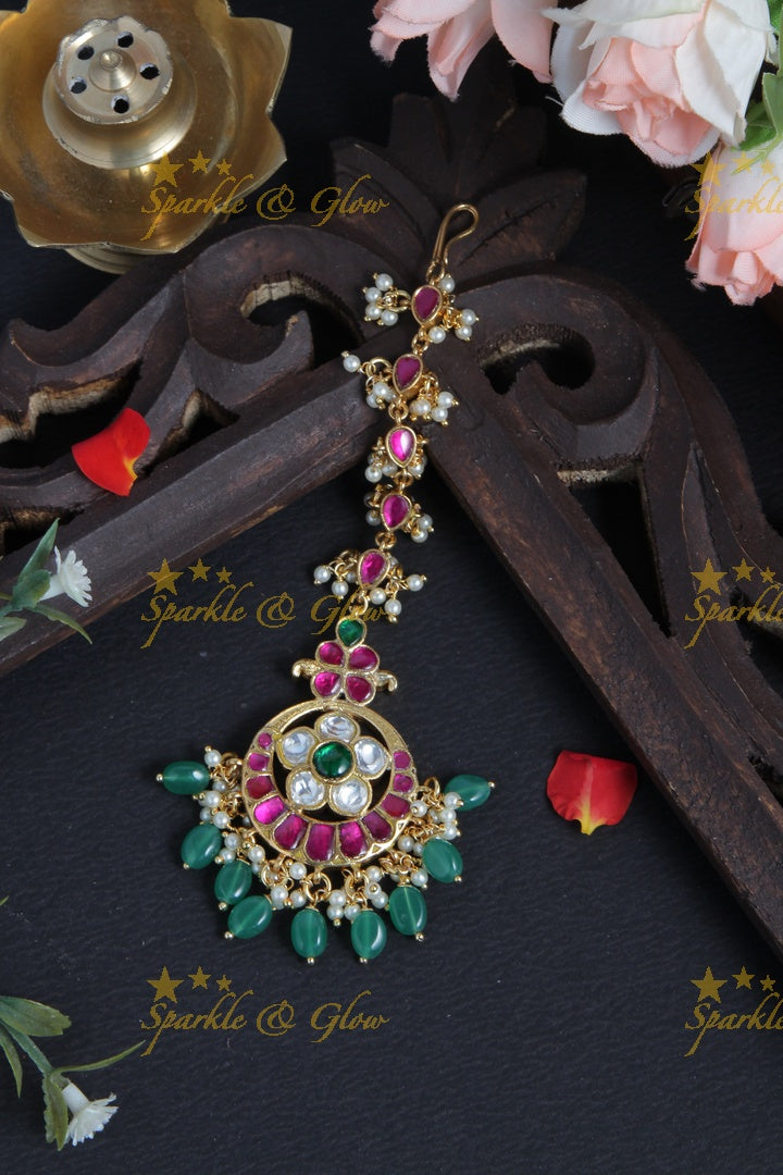 Gold Alike Floral Maang Tikka with Green beads