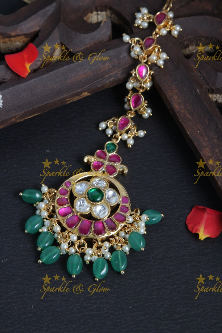 Gold Alike Floral Maang Tikka with Green beads