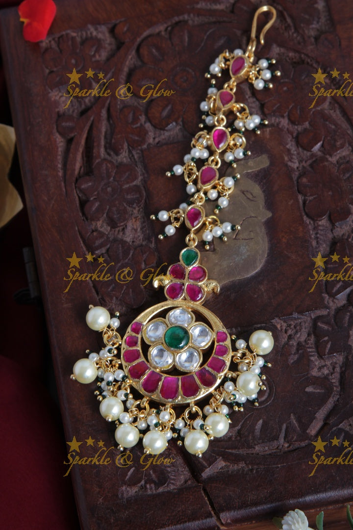 Gold Alike Floral Maang Tikka with Gold beads