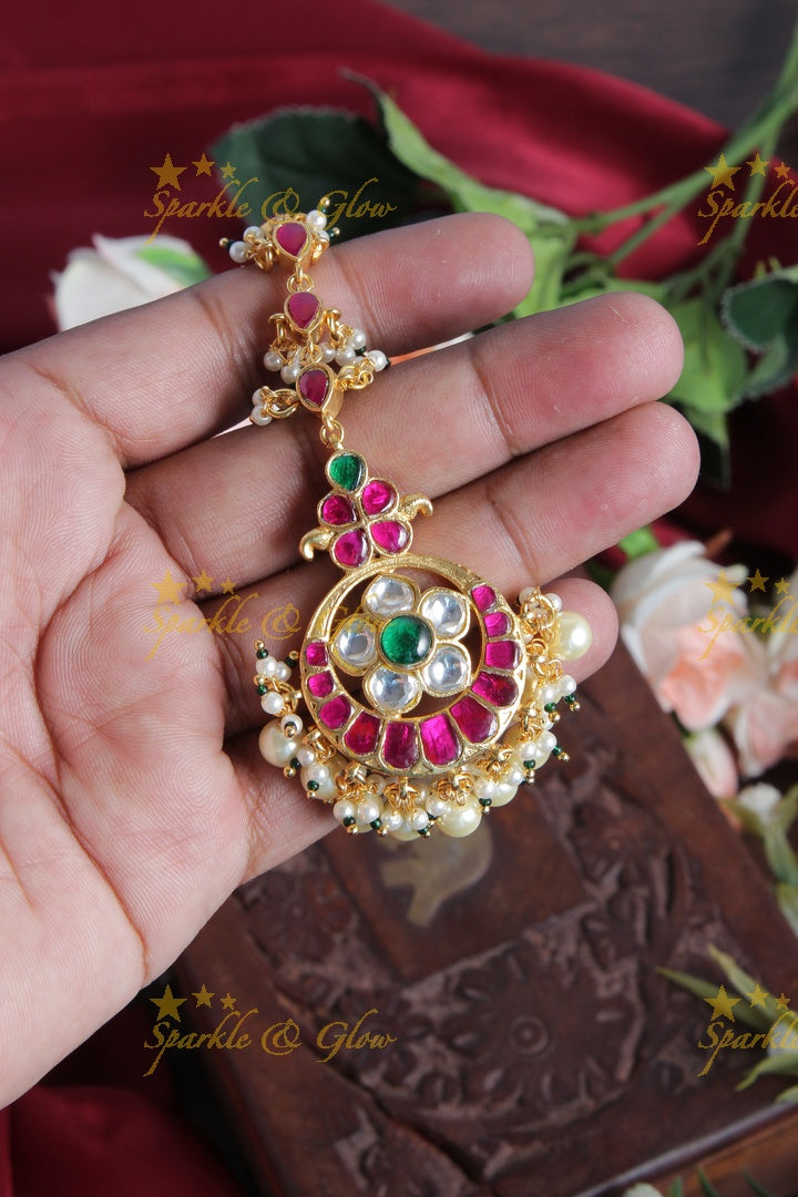 Gold Alike Floral Maang Tikka with Gold beads
