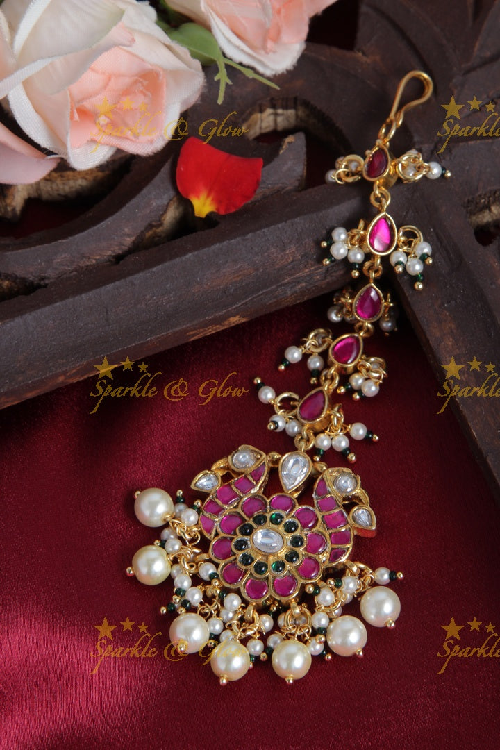 Beautiful Peacock Floral Maang Tikka with Pearls