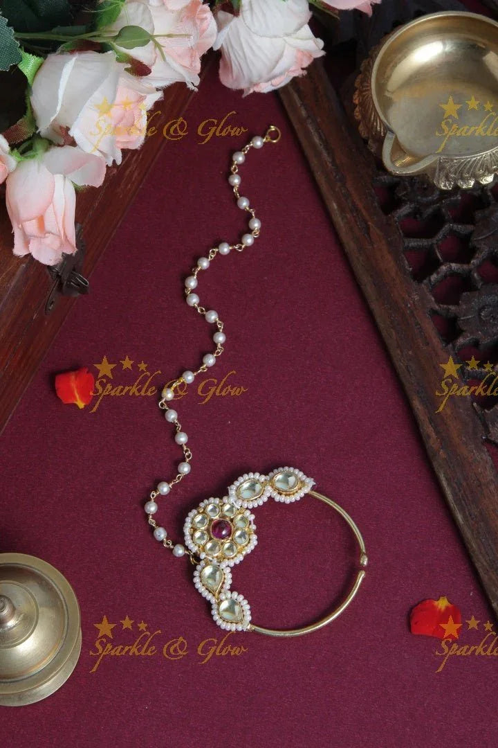 Floral Pearl Nosepin with Pearl Chain - Sparkle and Glow