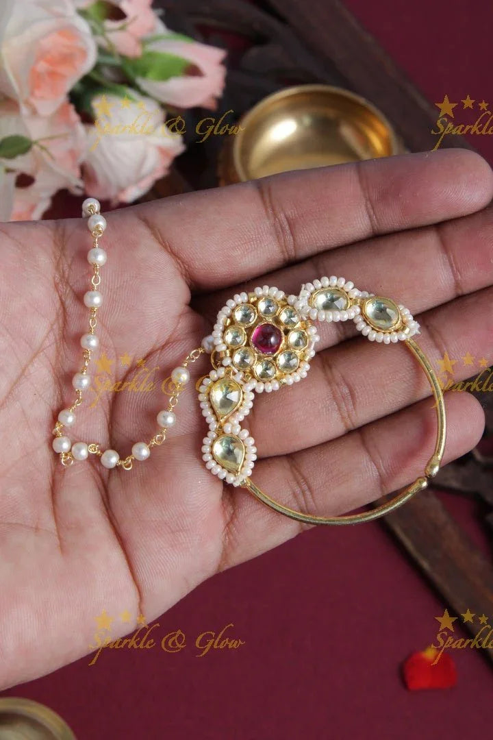 Floral Pearl Nosepin with Pearl Chain - Sparkle and Glow