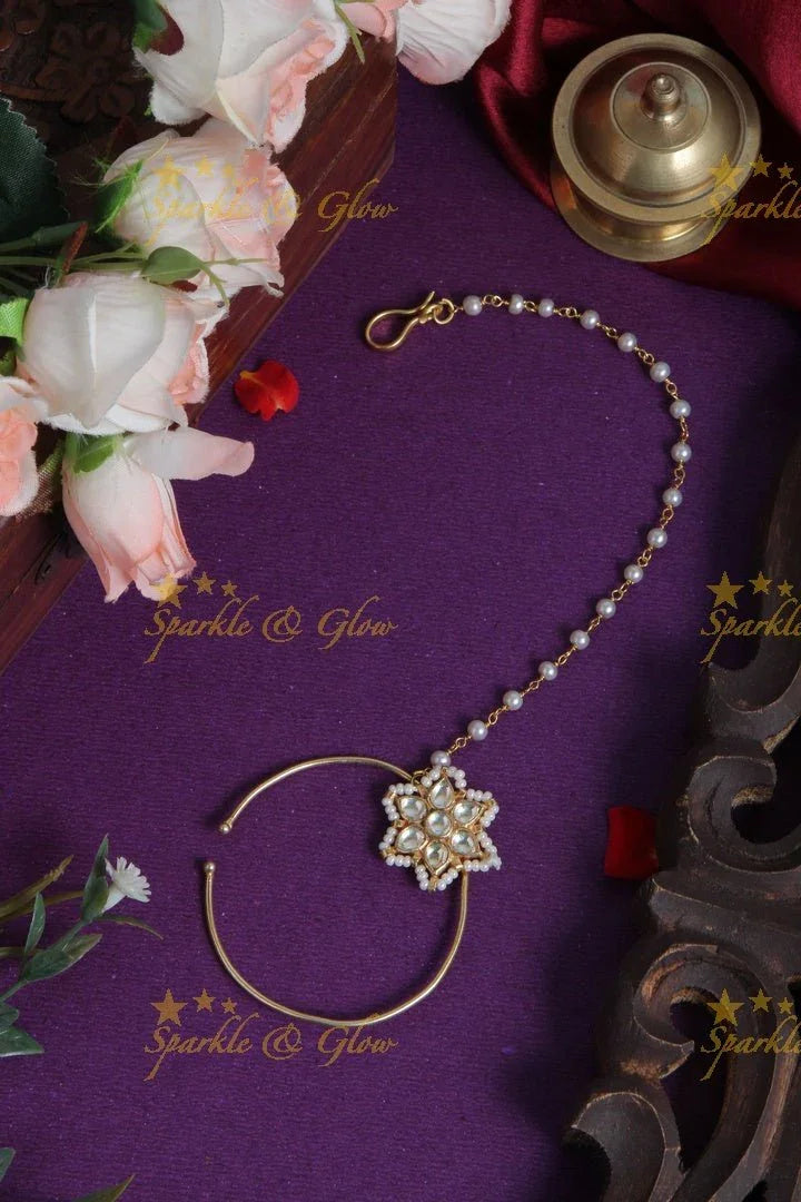 Beautiful floral Nosepin with Pearl Chain - Sparkle and Glow