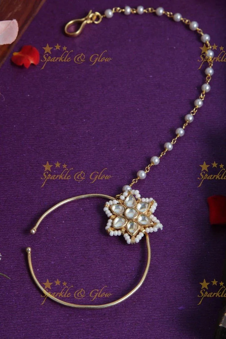 Beautiful floral Nosepin with Pearl Chain - Sparkle and Glow
