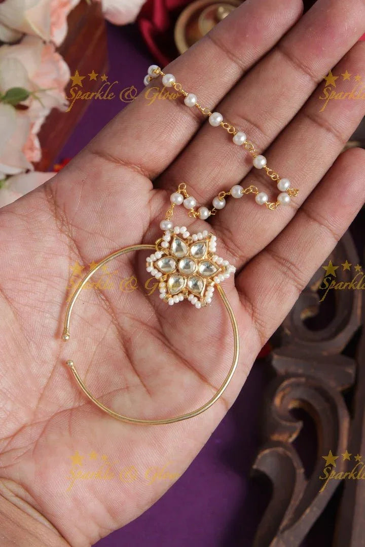 Beautiful floral Nosepin with Pearl Chain - Sparkle and Glow