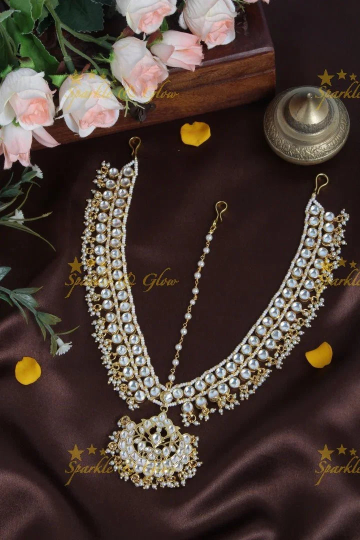 Bridal jadau gutta pusalu maangthika with emarald kundan stones - Sparkle and Glow