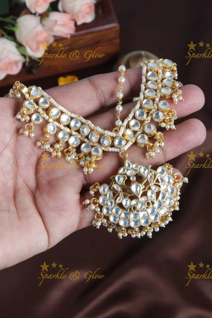 Bridal jadau gutta pusalu maangthika with emarald kundan stones - Sparkle and Glow