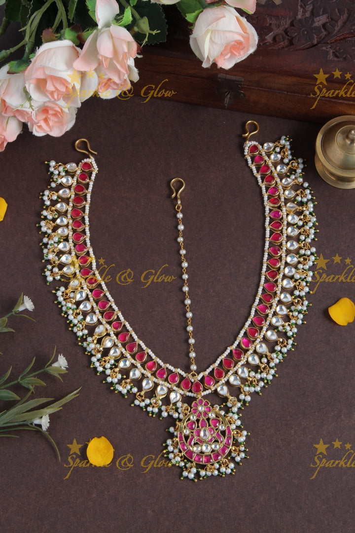 Bridal three sided jadau gutta pusalu maangthika with emarald kundan stones - white