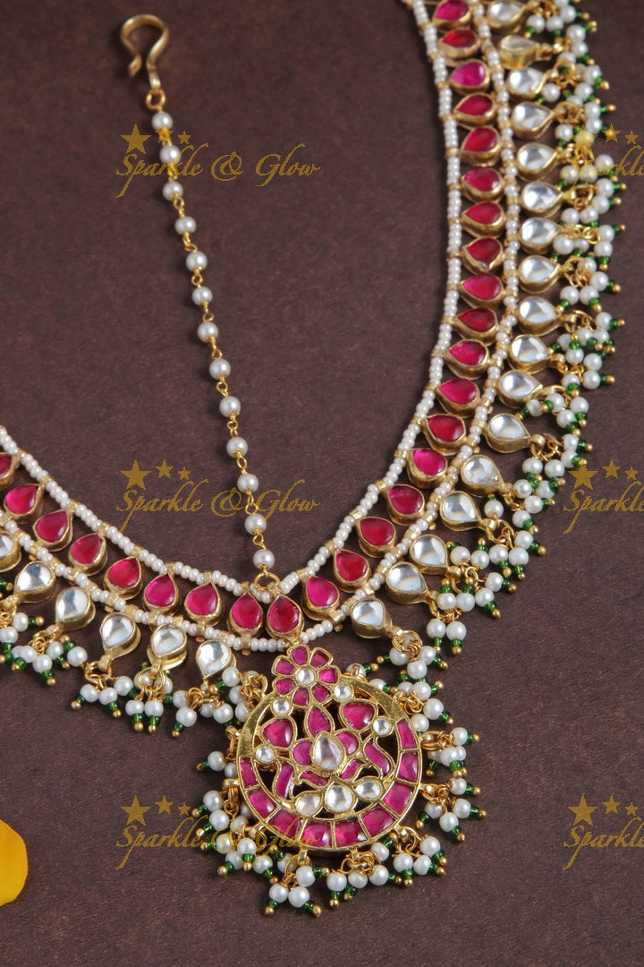 Bridal three sided jadau gutta pusalu maangthika with emarald kundan stones - Pink