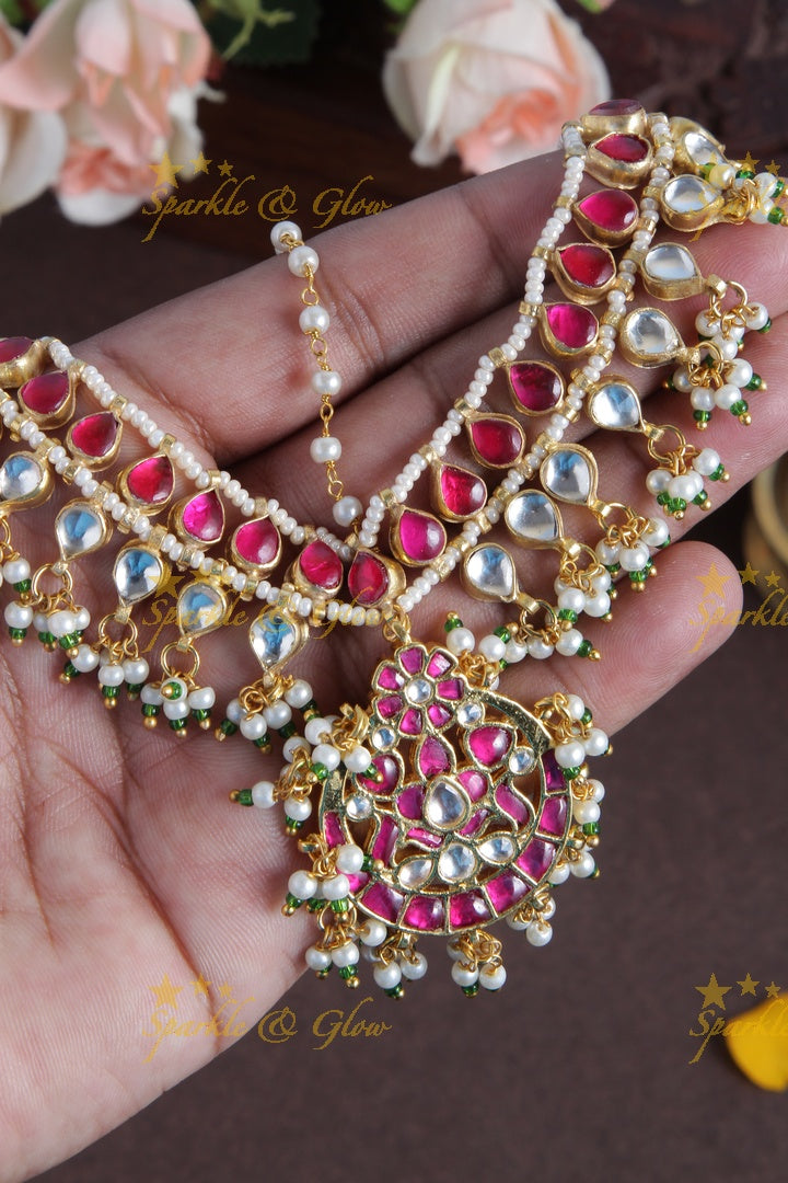 Bridal three sided jadau gutta pusalu maangthika with emarald kundan stones - Pink