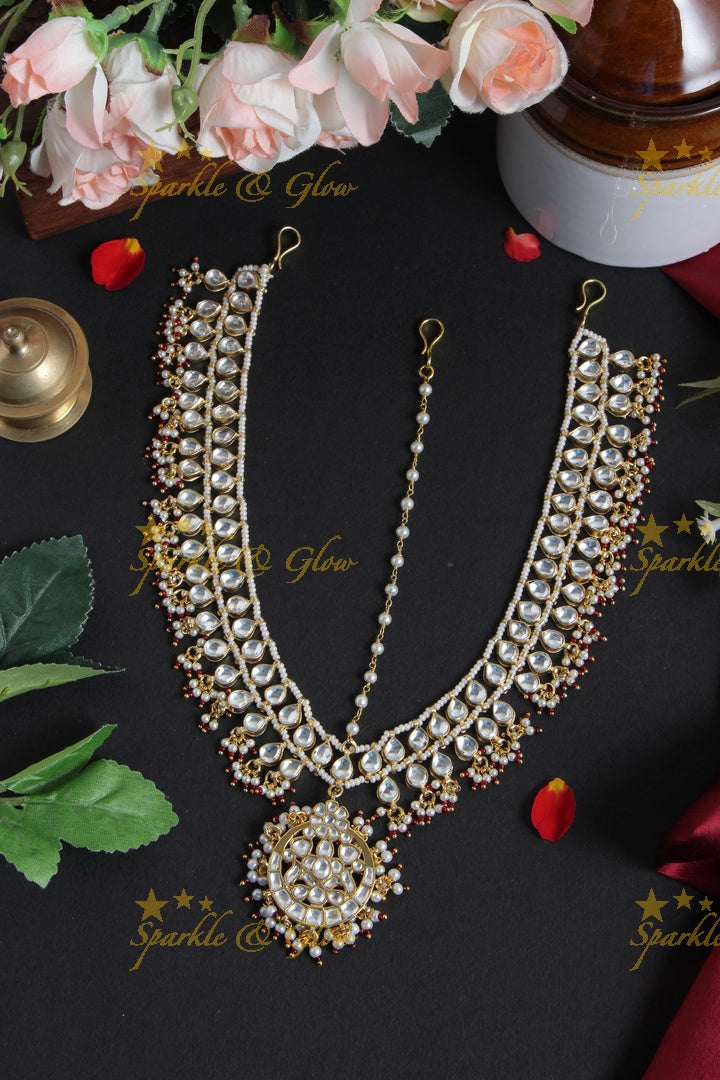 Bridal three sided jadau gutta pusalu maangthika with emarald kundan stones - White Pink