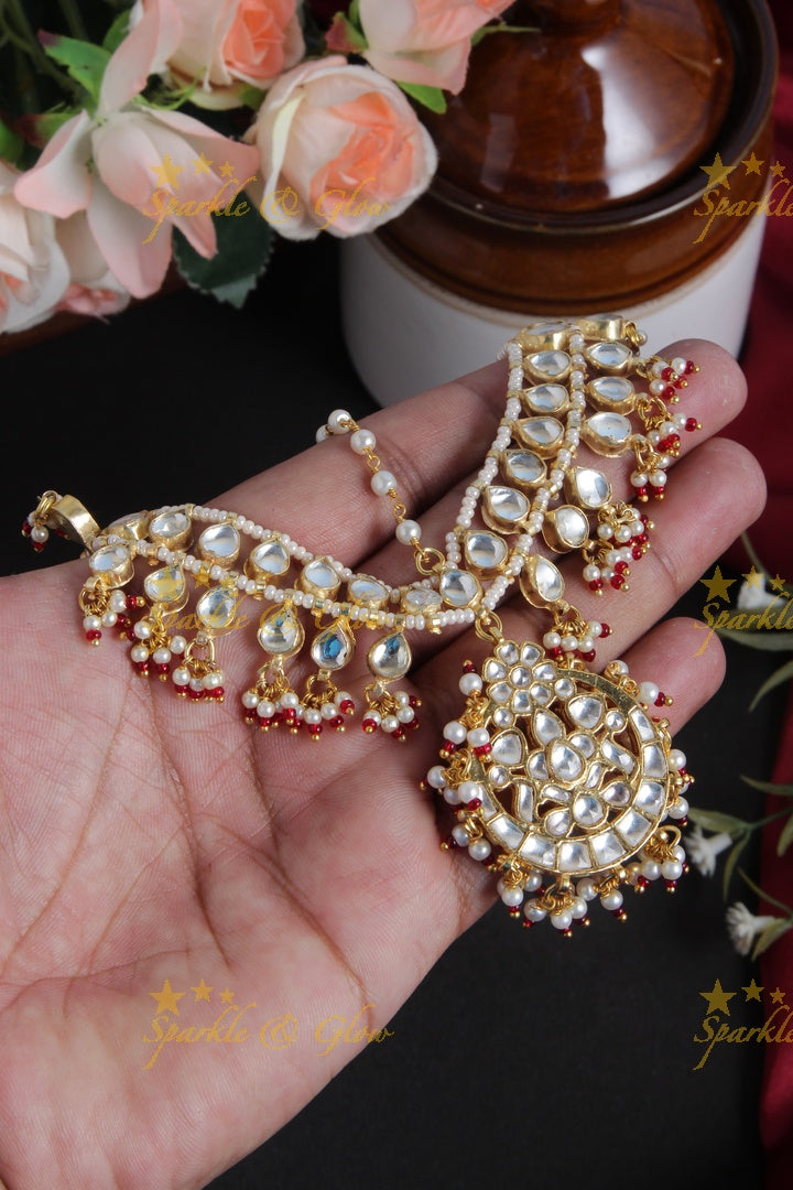 Bridal three sided jadau gutta pusalu maangthika with emarald kundan stones - white