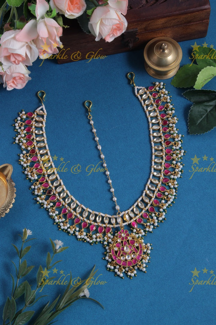 Bridal three sided jadau gutta pusalu maangthika with emarald kundan stones - White Pink
