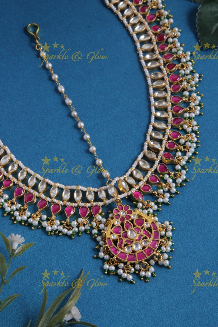 Bridal three sided jadau gutta pusalu maangthika with emarald kundan stones - White Pink