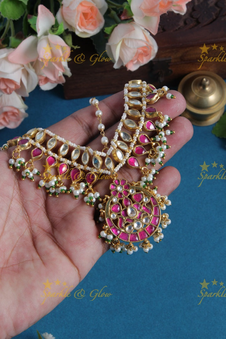 Bridal three sided jadau gutta pusalu maangthika with emarald kundan stones - White Pink