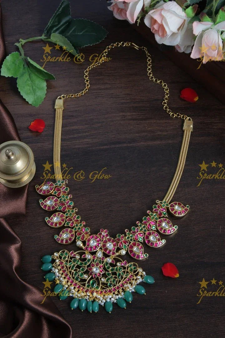 Beautiful Floral Mango Peacock Necklace with Green beads - Sparkle and Glow