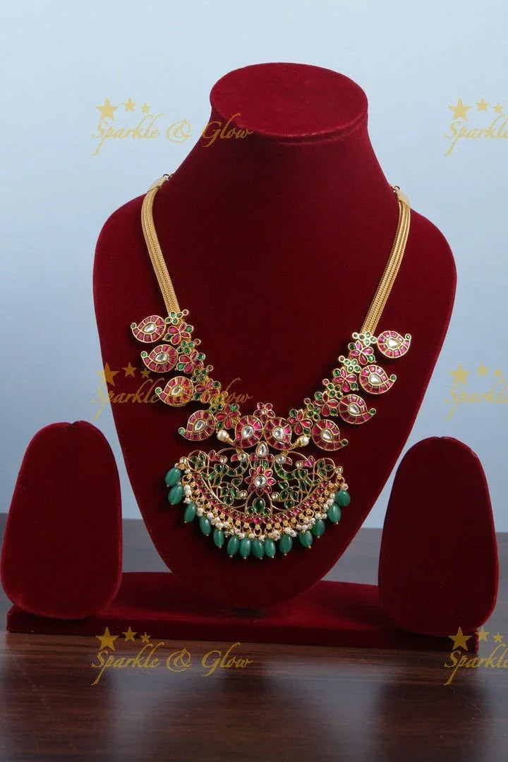 Beautiful Floral Mango Peacock Necklace with Green beads - Sparkle and Glow