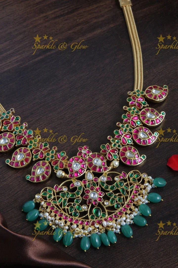 Beautiful Floral Mango Peacock Necklace with Green beads - Sparkle and Glow