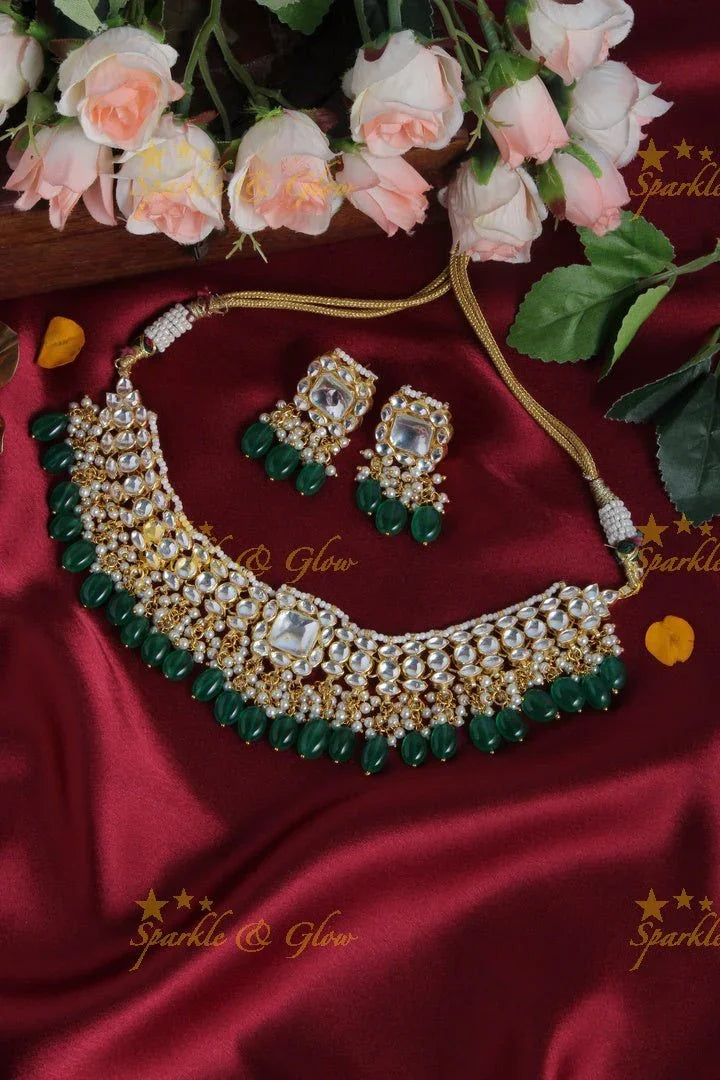 Gold Alike white stone pendent Necklace with Green beads - Sparkle and Glow