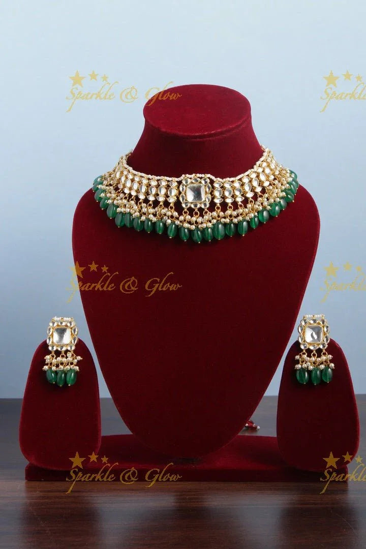 Gold Alike white stone pendent Necklace with Green beads - Sparkle and Glow