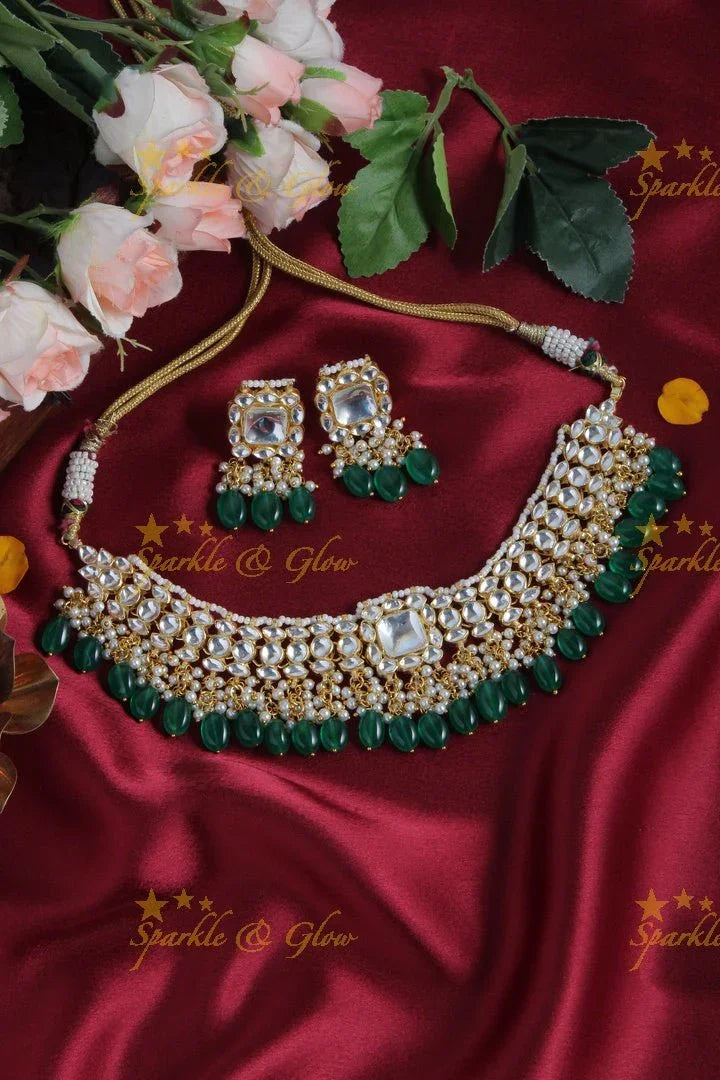 Gold Alike white stone pendent Necklace with Green beads - Sparkle and Glow