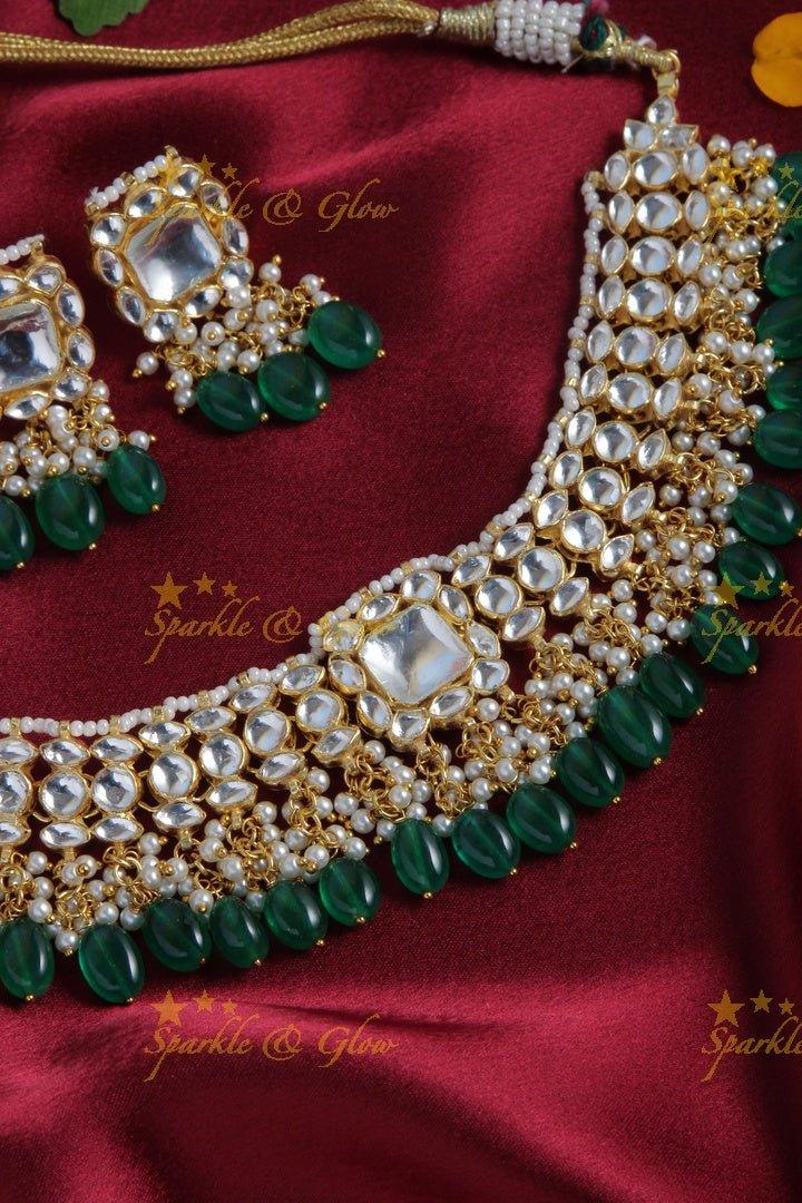 Gold Alike white stone pendent Necklace with Green beads - Sparkle and Glow