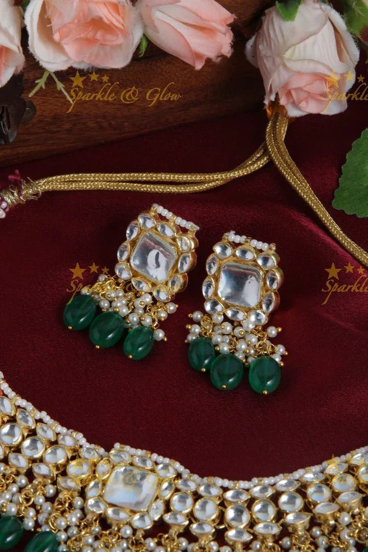 Gold Alike white stone pendent Necklace with Green beads - Sparkle and Glow