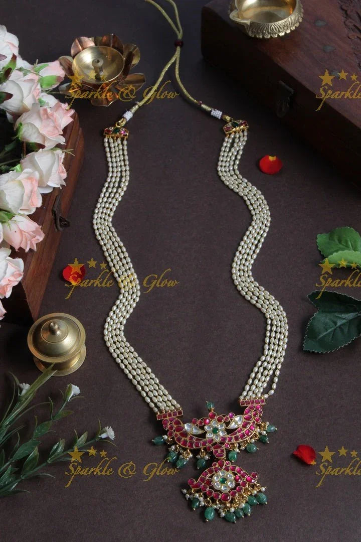 Beautiful Kemp stone Floral Pendent with five layered Pearl chain - Sparkle and Glow