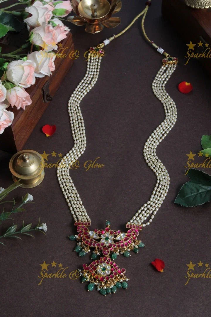 Beautiful Kemp stone Floral Pendent with five layered Pearl chain - Sparkle and Glow
