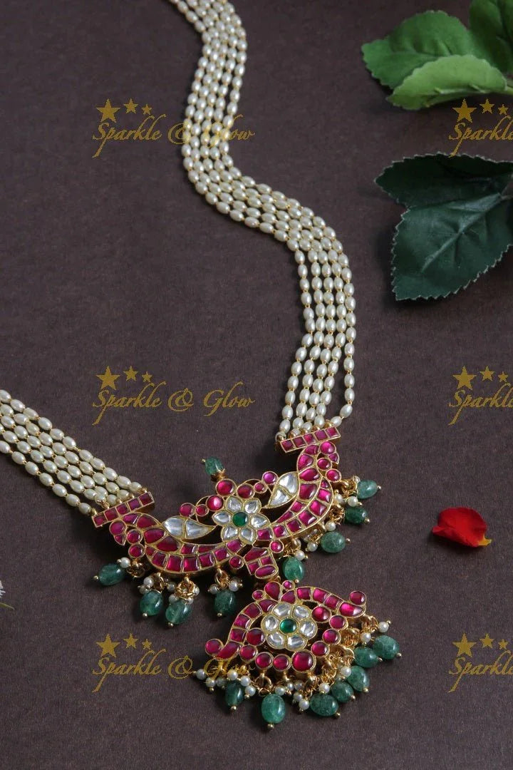 Beautiful Kemp stone Floral Pendent with five layered Pearl chain - Sparkle and Glow