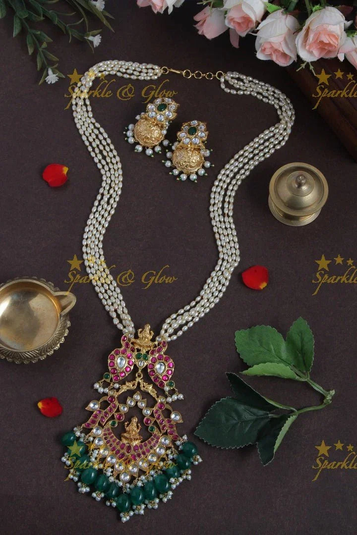 Exclusively Carved Mango Lakshmi Pendent with Green beads - Sparkle and Glow