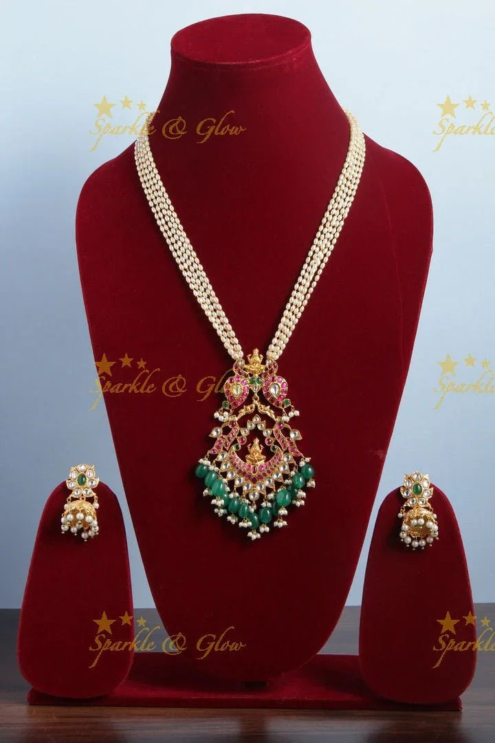 Exclusively Carved Mango Lakshmi Pendent with Green beads - Sparkle and Glow