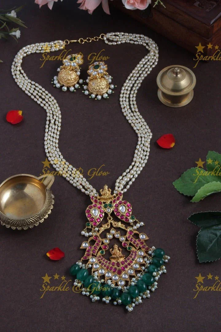 Exclusively Carved Mango Lakshmi Pendent with Green beads - Sparkle and Glow