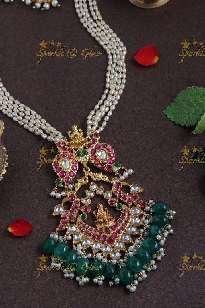 Exclusively Carved Mango Lakshmi Pendent with Green beads - Sparkle and Glow