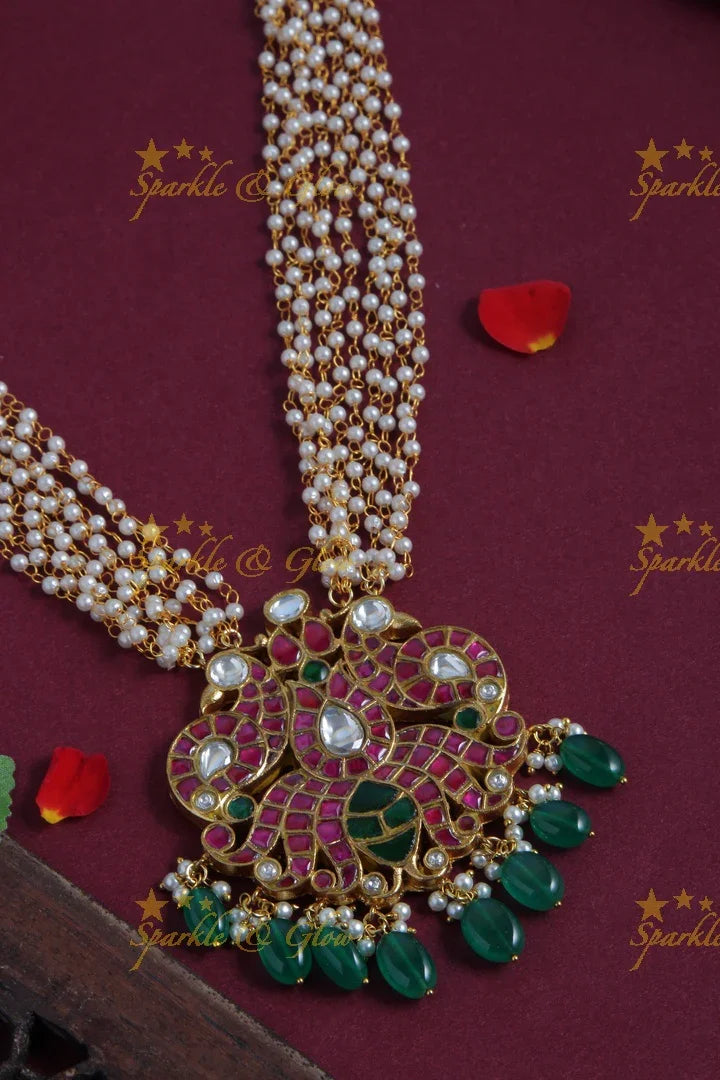 Multi Layer Pearl chain with kemp stone peacock pendent - Sparkle and Glow