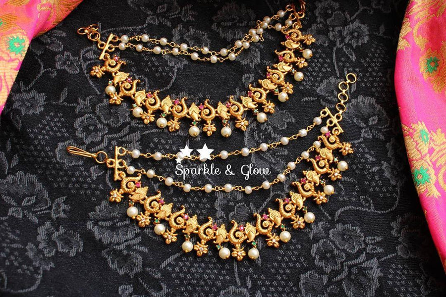Peacock cz stones matte gold earchain/mattal - Sparkle and Glow
