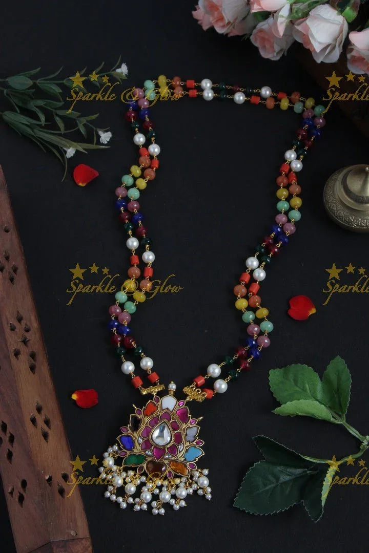 Multi color bead two layered chain with beautiful pendent with pearls - Sparkle and Glow