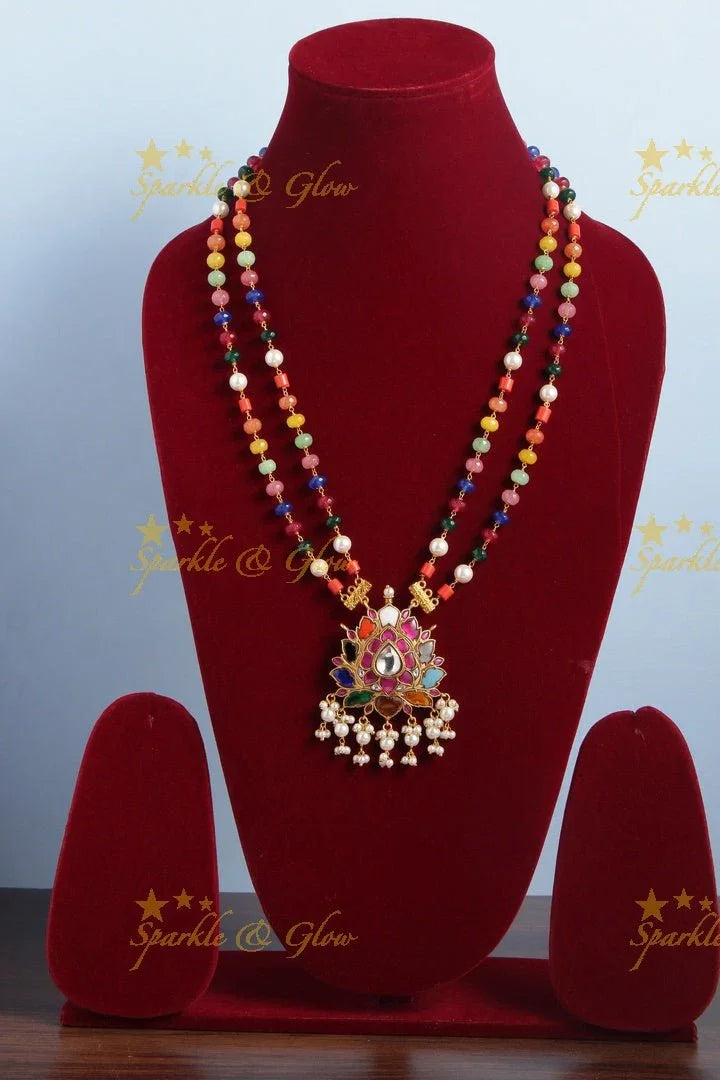 Multi color bead two layered chain with beautiful pendent with pearls - Sparkle and Glow
