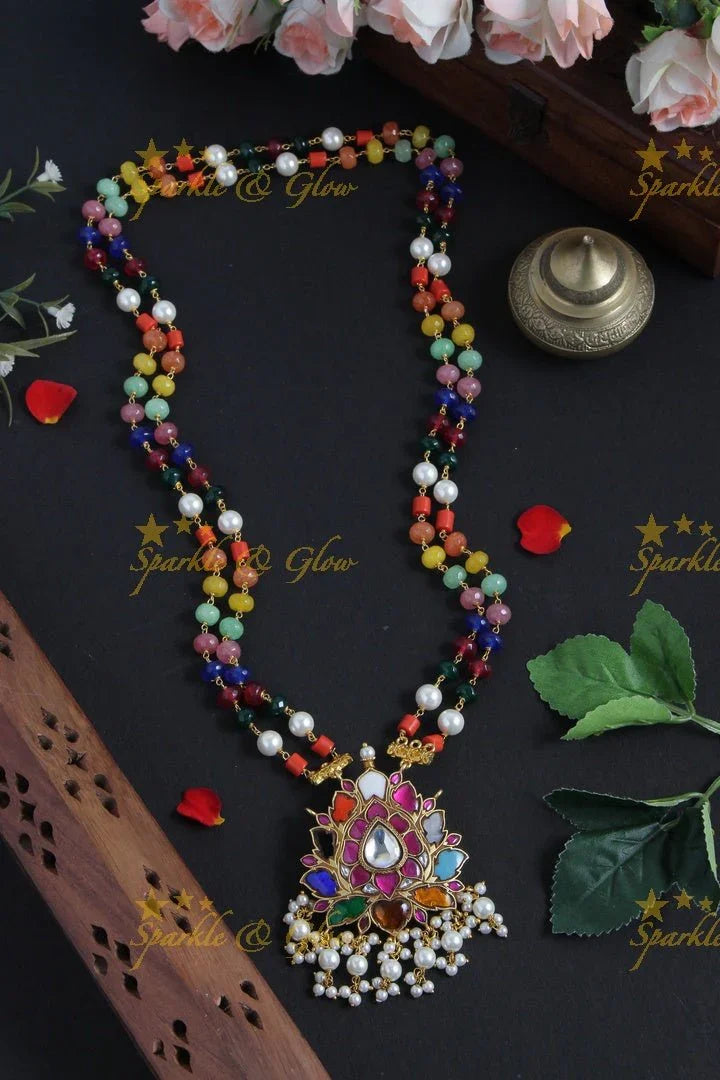 Multi color bead two layered chain with beautiful pendent with pearls - Sparkle and Glow