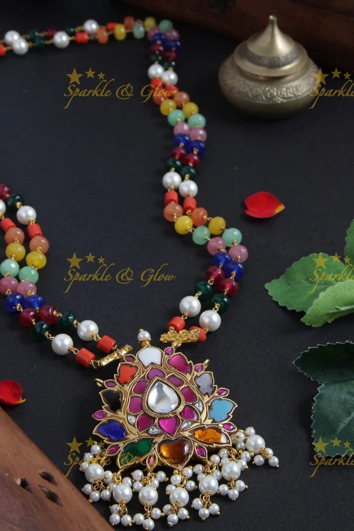 Multi color bead two layered chain with beautiful pendent with pearls - Sparkle and Glow