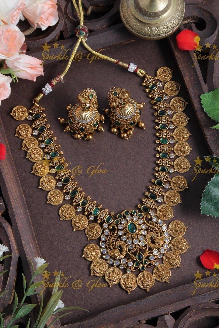 Premium Matt Floral Lakshmi Coin Necklace - Green - Sparkle and Glow