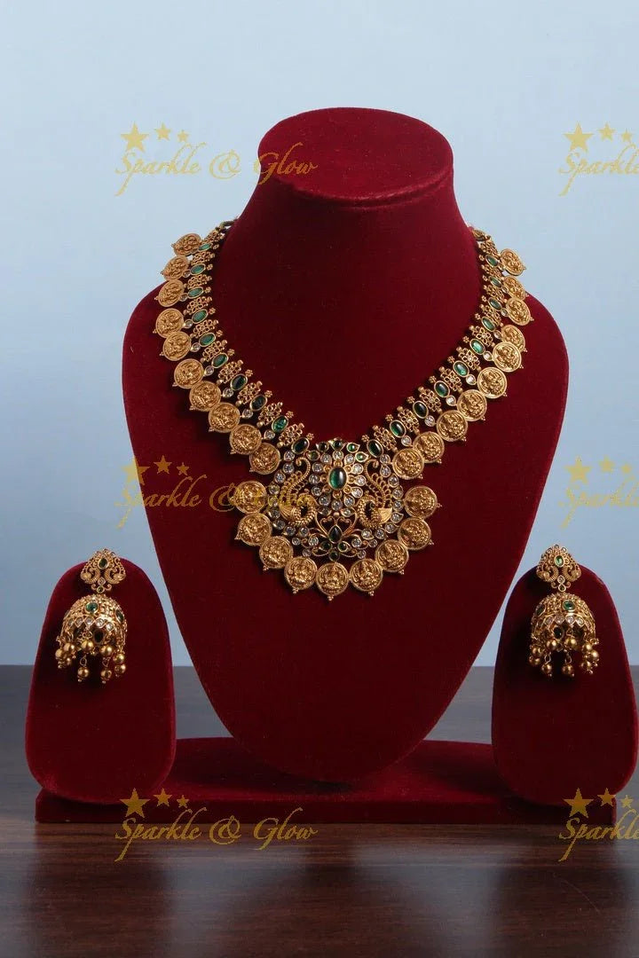 Premium Matt Floral Lakshmi Coin Necklace - Green - Sparkle and Glow